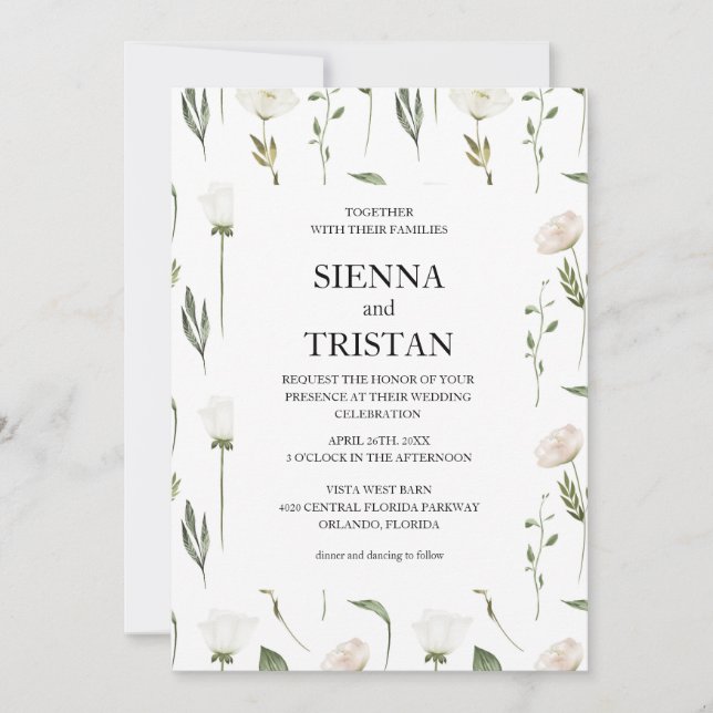 White Flowers Pampas Grass Greenery Succulent  Invitation (Front)
