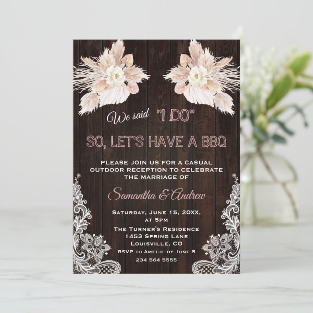 White Flowers Pampas Grass Lace Wood I DO BBQ  Invitation (Standing Front)