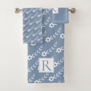 White flowers pattern and monogram dusty blue bath bath towel set