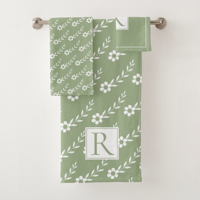 White flowers pattern and monogram sage green  bath towel set (Insitu)