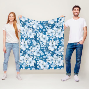 white flowers pattern, blue background, fleece blanket