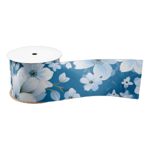 white flowers pattern, blue background, satin ribbon