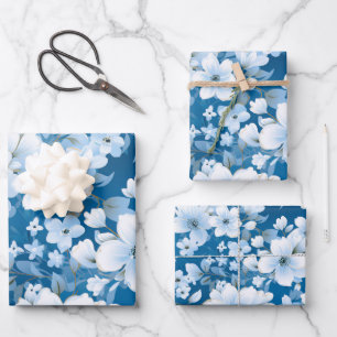 white flowers pattern, blue background, wrapping paper sheet