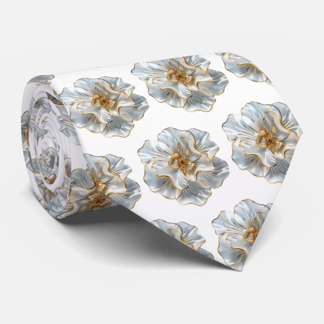 White Flowers Pattern Tie (Rolled)