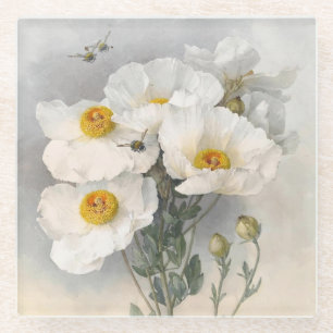 White Flowers Paul de Longpre Vintage Floral Glass Coaster