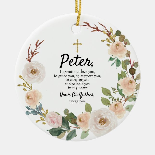 White Flowers Personalised Promise to Godchild Cer Ceramic Tree Decoration (Front)