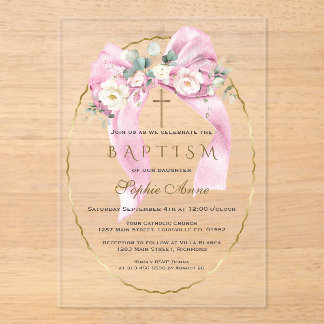 White Flowers Pink Bow Girl Baptism Transparent Acrylic Invitations