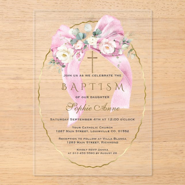White Flowers Pink Bow Girl Baptism Transparent   Acrylic Invitations (Front)