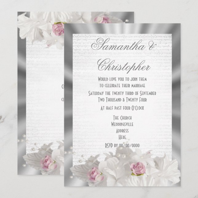 White flowers pink rose on silver grey wedding invitation (Front/Back)