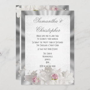 White flowers pink rose on silver grey wedding invitation