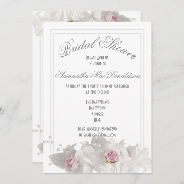White flowers plain minimal bridal shower invitation (Front/Back)