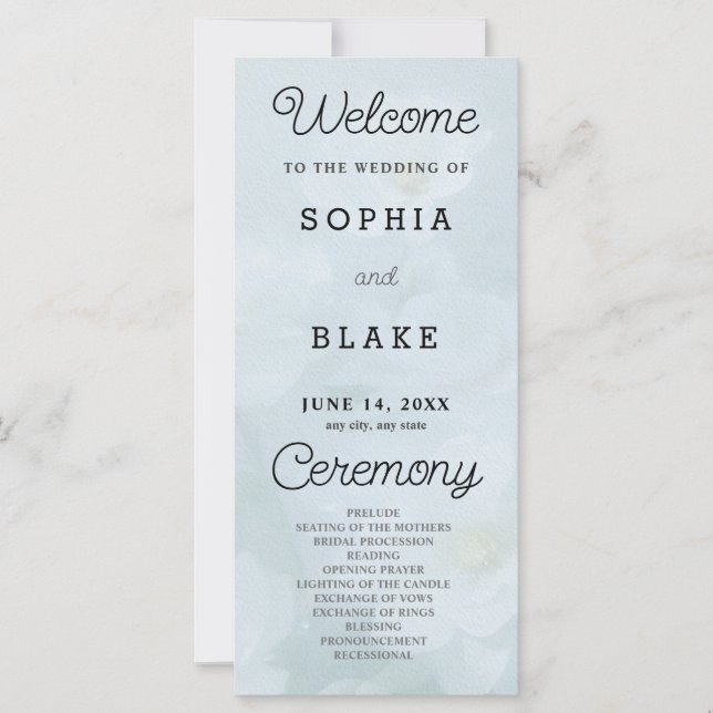 White Flowers Pretty Blue Wedding Program (Front)