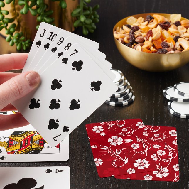 White Flowers Red Background Playing Cards (Creator Uploaded)