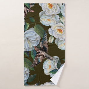 White flowers rose with leaves drawing in pastel. bath towel