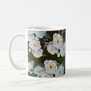 White flowers rose with leaves drawing in pastel. coffee mug