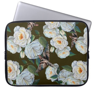 White flowers rose with leaves drawing in pastel. laptop sleeve