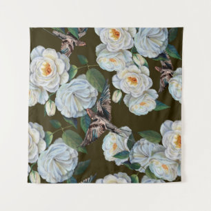 White flowers rose with leaves drawing in pastel. tapestry