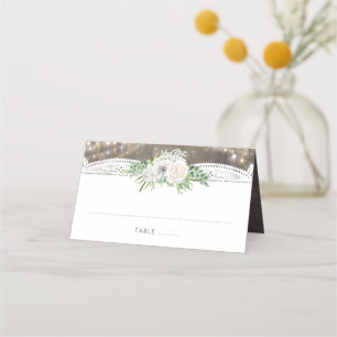 White Flowers Rustic Country String Lights Wedding Place Card