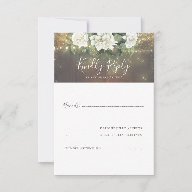 White Flowers Rustic Country Wedding RSVP (Front)