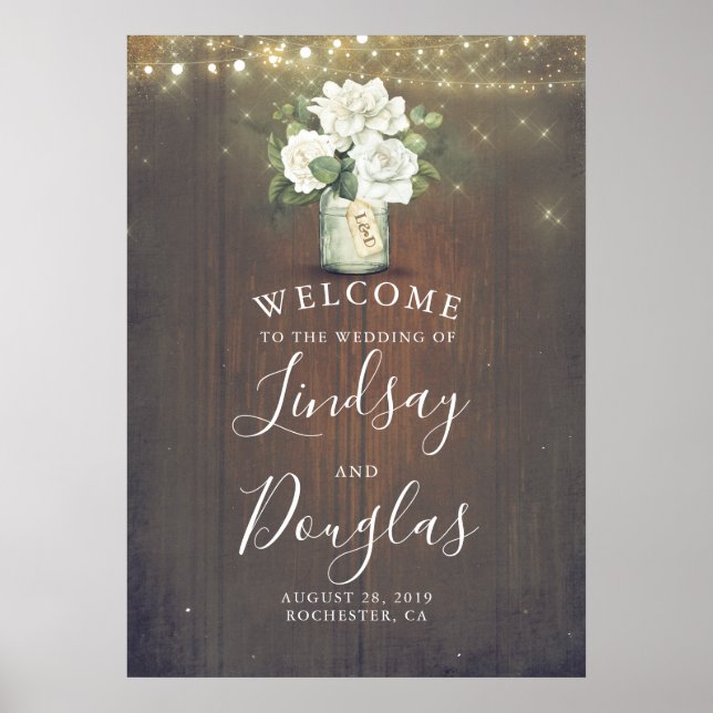 White Flowers Rustic Country Wedding Welcome Sign (Front)