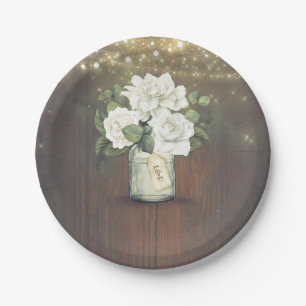 White Flowers Rustic Mason Jar Country Wedding Paper Plate