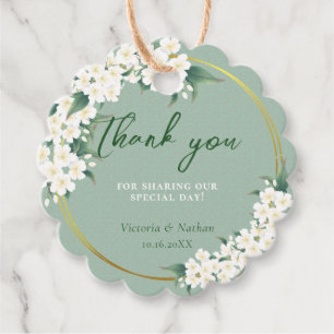 White Flowers Sage Green Cloud Pattern Gold Circle Favour Tags