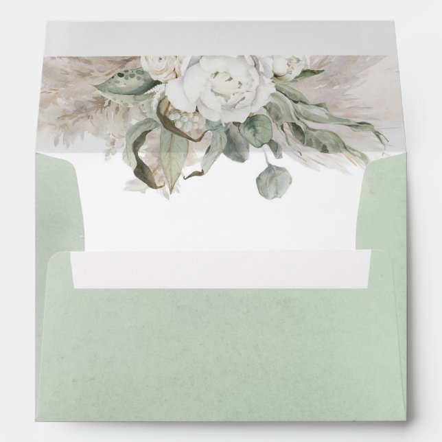 White Flowers Sage Greenery Pampas Grass Boho Envelope (Back (Bottom))