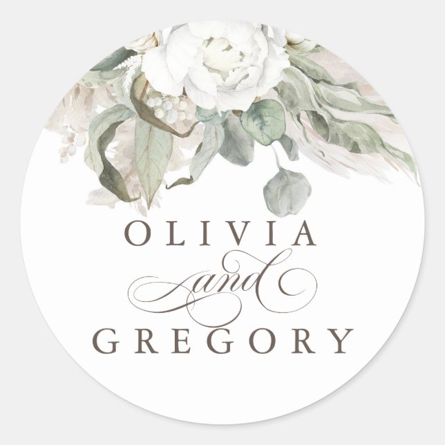 White Flowers Sage Greenery Pampas Grass Wedding Classic Round Sticker (Front)