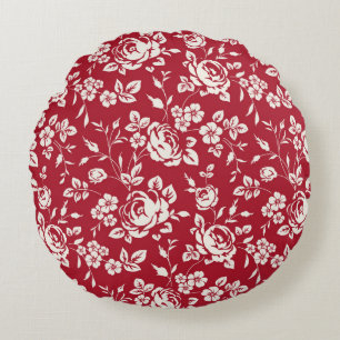 White flowers silhouette on red background. Seamle Round Cushion
