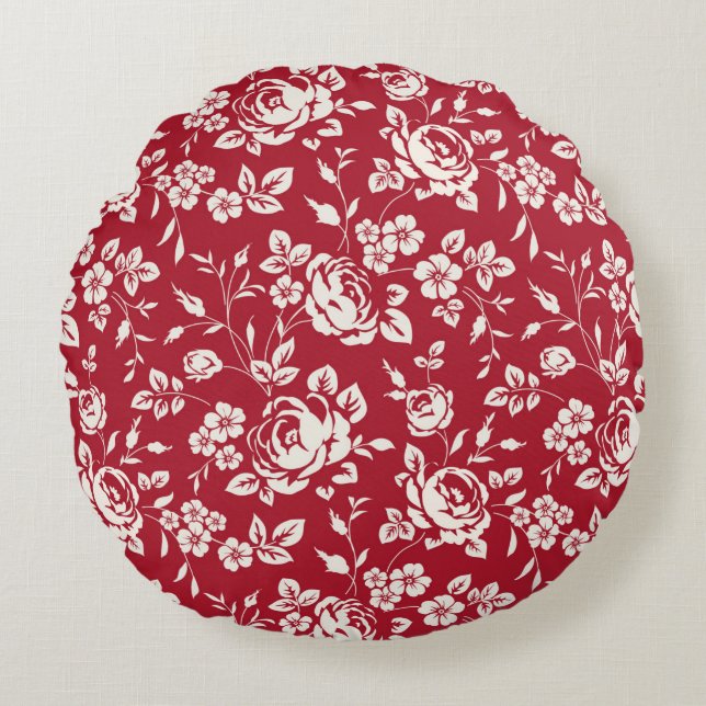 White flowers silhouette on red background. Seamle Round Cushion (Front)