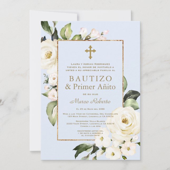 White Flowers Spanish Boy 1st Birthday Baptism Invitation (Front)