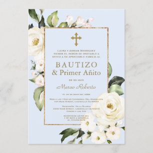 White Flowers Spanish Boy 1st Birthday Baptism Invitation
