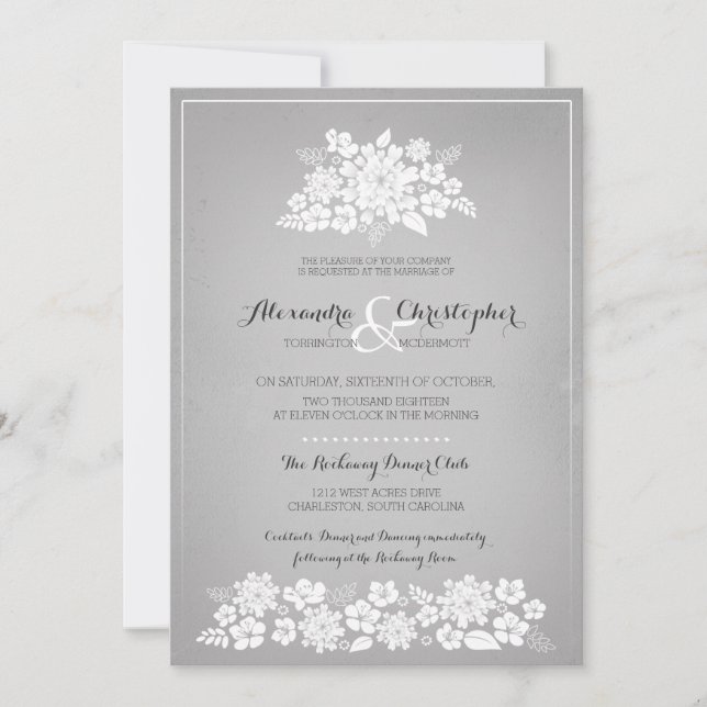 White Flowers Vintage Silver Background Wedding Invitation (Front)