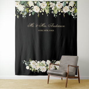 White Flowers Wedding Black Photo Booth Backdrop Tapestry