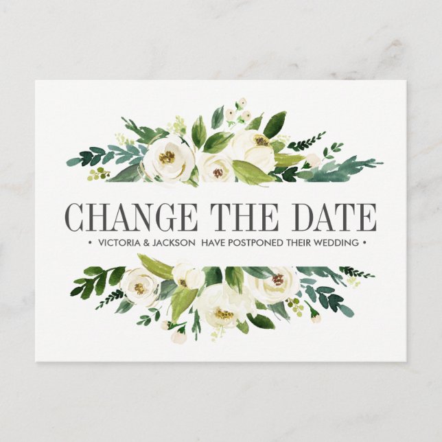 White Flowers WEDDING CHANGE THE DATE POSTPONEMENT Announcement Postcard (Front)