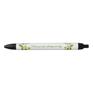 White Flowers Wedding Favour Black Ink Pen