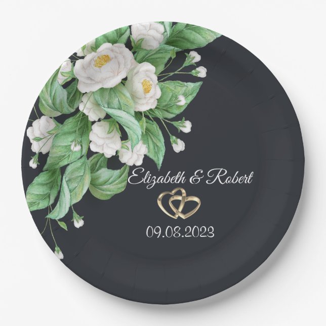 White Flowers Wedding Paper Plate (Front)