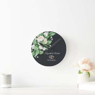 White Flowers Wedding Round Clock