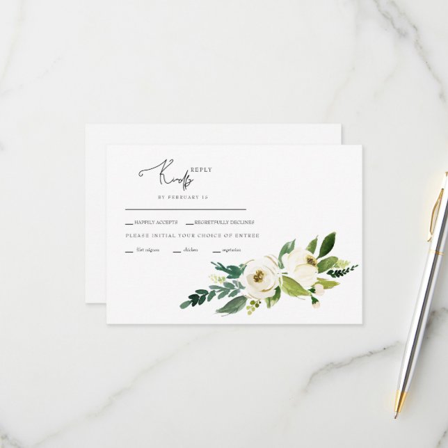 White Flowers Wedding RSVP Card (Front/Back In Situ)