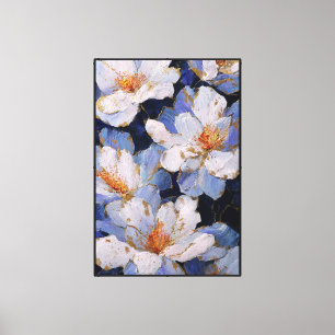 White Flowers with Blue and Gold Accents Abstract Canvas Print