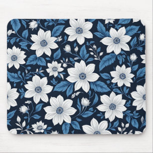 White flowers with blue leaves digital art. mouse mat