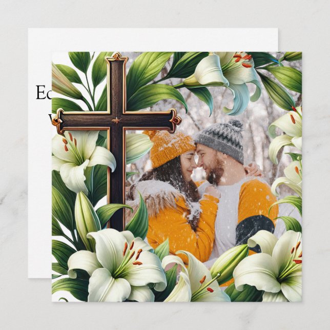 White Flowers with Cross for Christmas or Wedding Holiday Card (Front/Back)