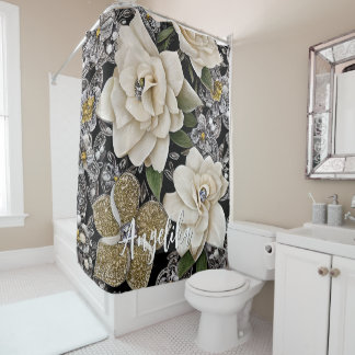 White Flowers with Glitters and Personalised Name Shower Curtain