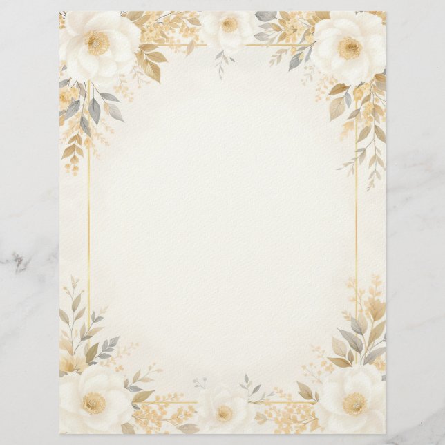 White Flowers with Gold Accents Stationery Paper Custom Letterhead (Front)