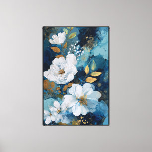White Flowers with Gold and Green on Blue Canvas Print