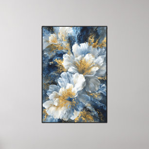 White Flowers with Gold Centers on Blue – Abstract Canvas Print