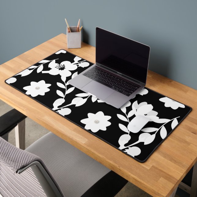 White Flowers with Pearls on Black Desk Mat (Office 2)