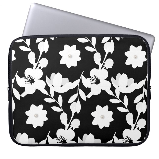 White Flowers with Pearls on Black  Laptop Sleeve (Front)