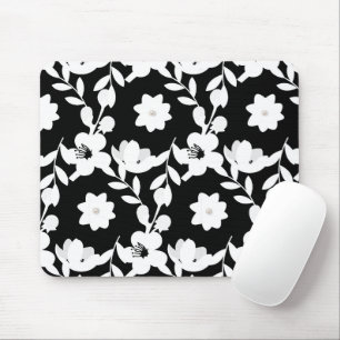 White Flowers with Pearls on Black Mouse Mat