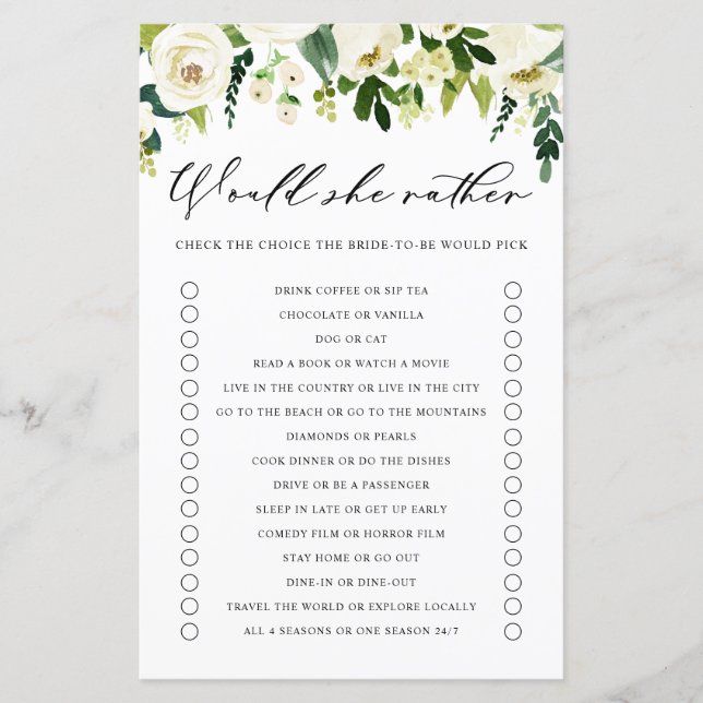 White Flowers Would She Rather Bridal Shower Game (Front)
